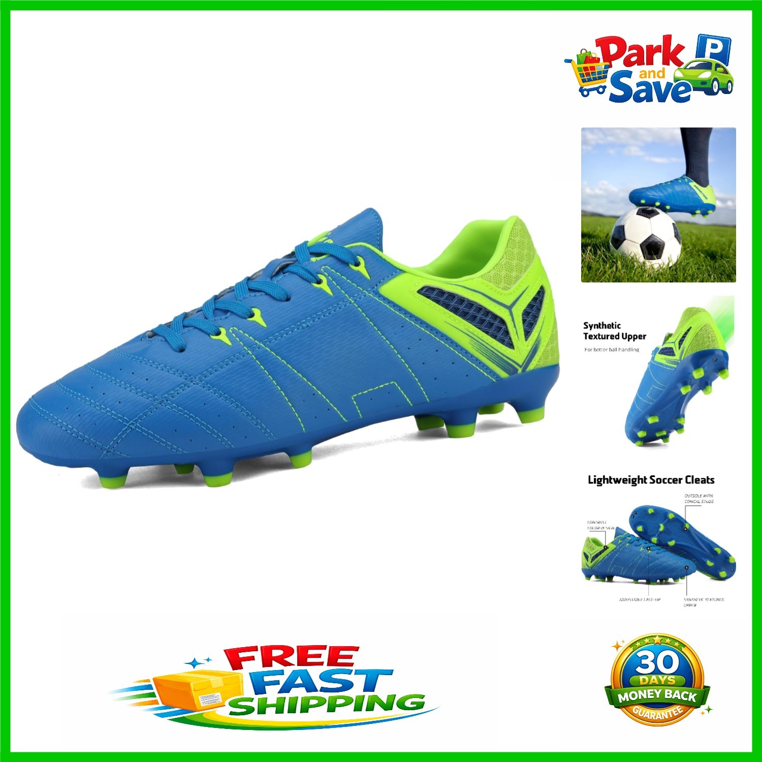 Athletic Lace-Up Soccer Shoes – Lightweight Cleats in Royal and Green