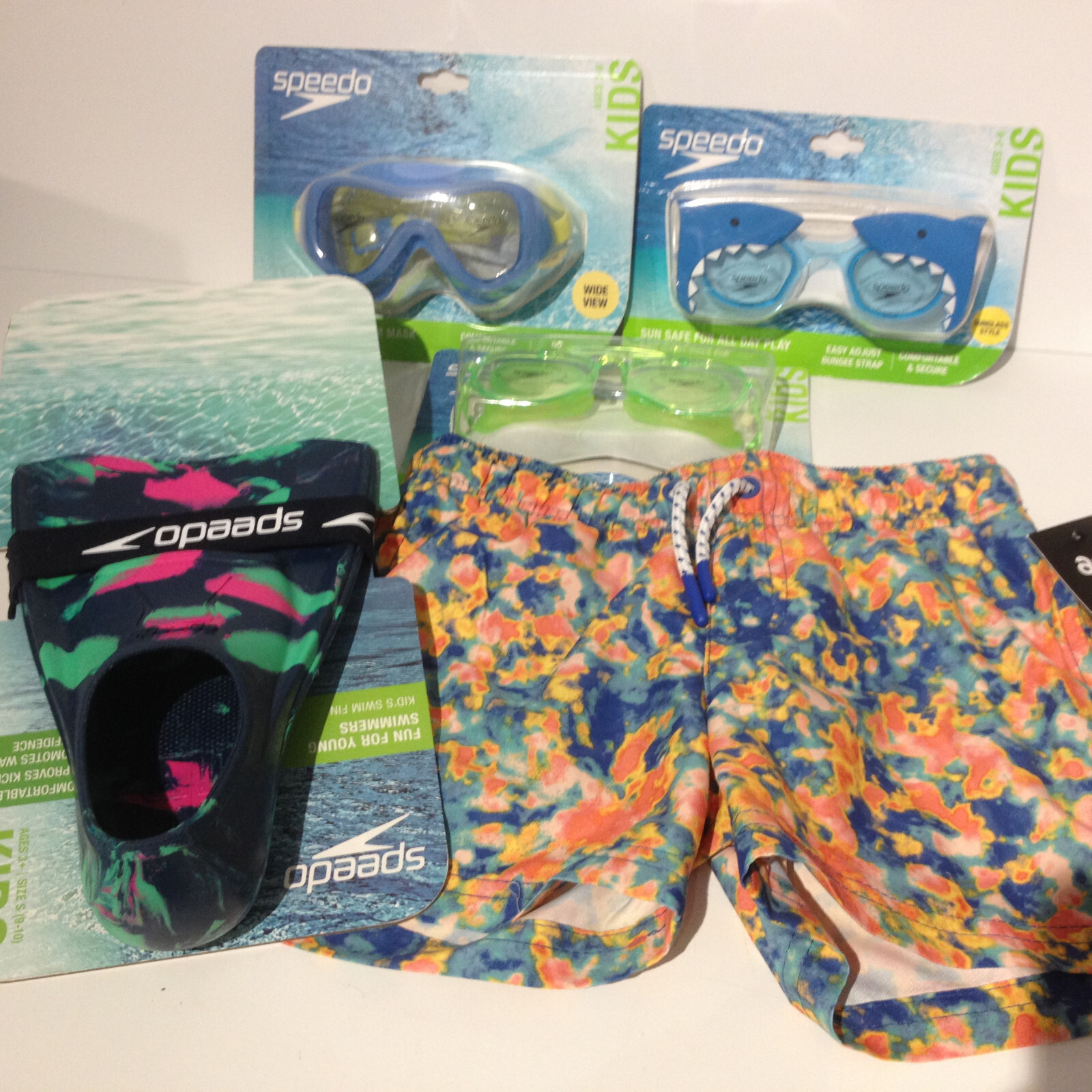 Kid's Swim Wear Gear LOT Goggles Fins Shorts -- SPEEDO Swimming NEW NWT