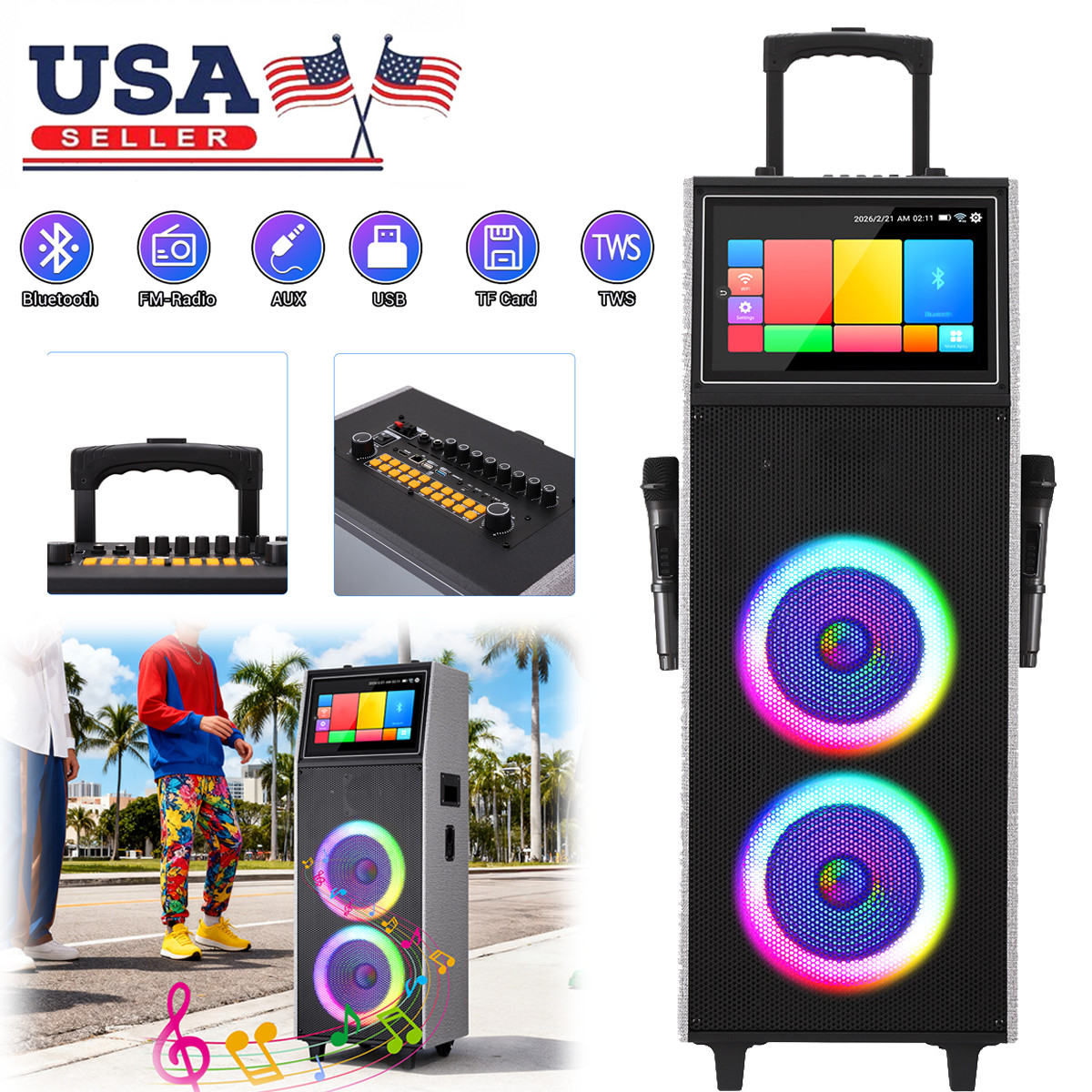Dual 10" Woofers Rechargeable Karaoke Speaker w/2 Wireless Mic&14.1" Touchscreen