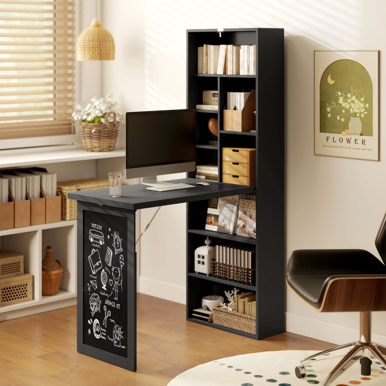 Convertible Desk with Blackboard & Shelf Multi-Function Table, Black