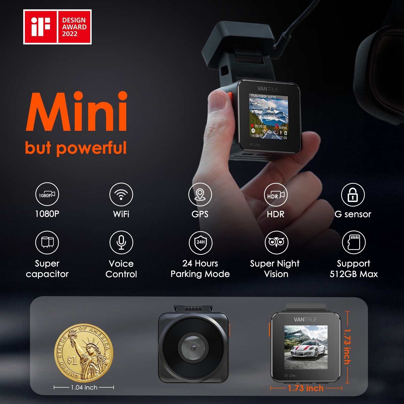 Vantrue E1 Lite Mini Dash Cam WiFi GPS Night Vision With Parking Mode For Car