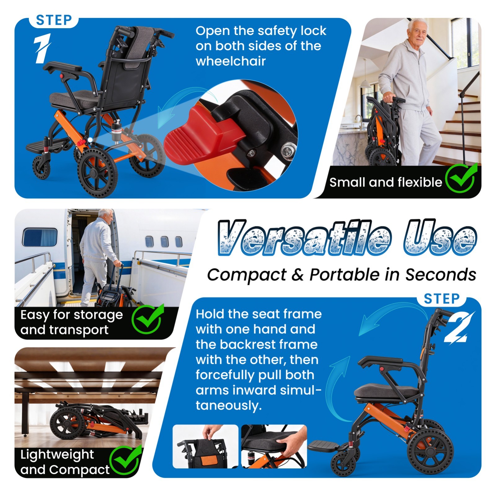 24lbs Lightweight Transport Wheelchair, Adjustable Backrest, Telescopic Handle