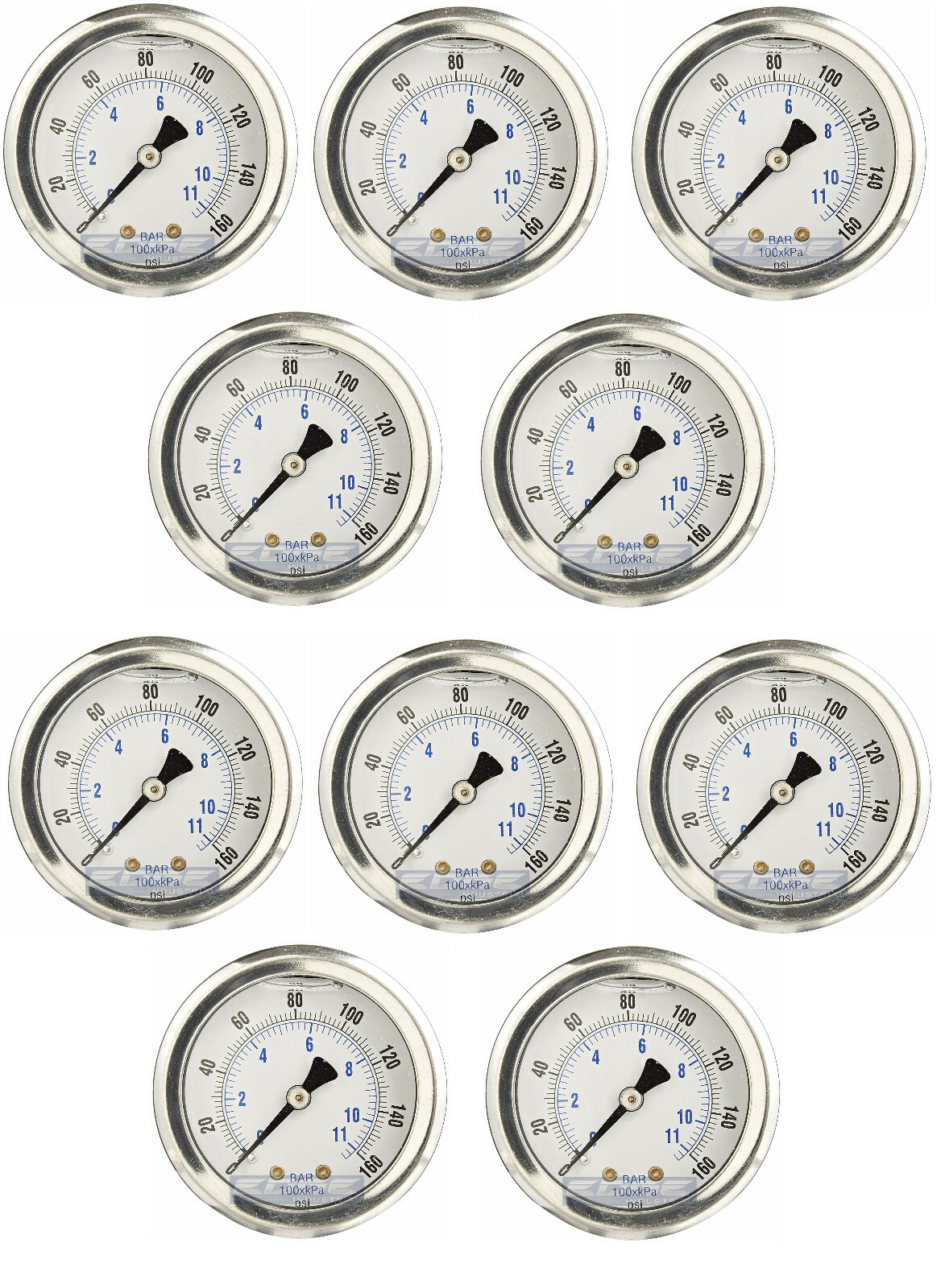 10 PACK LIQUID FILLED PRESSURE GAUGE 0-160 PSI, 2" FACE, 1/4" BACK MOUNT