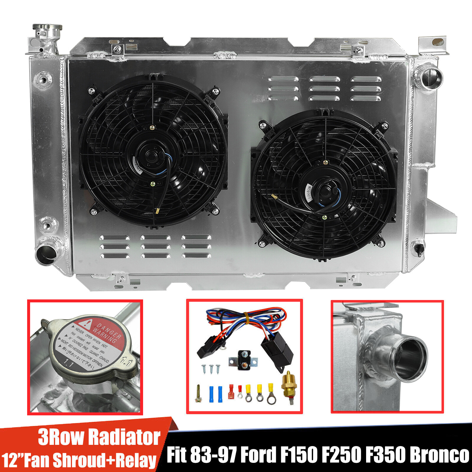 3 Row Radiator+Shroud Fan 1451 For 1985-1997 Ford F150 F250 F350 Bronco 5.8 7.5L