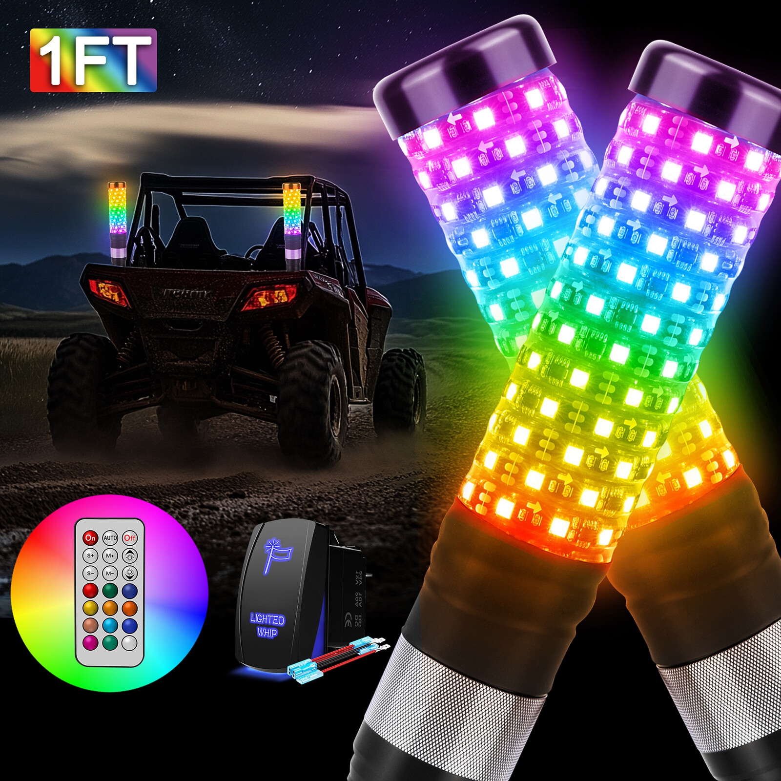 2Pcs 1FT Fat Whip Lights RGB Spiral LED Lighted Whips for Polaris Can-Am UTV ATV