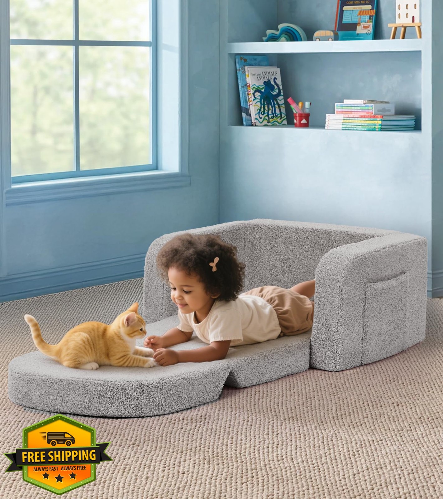 Foryoomi Kids Couch Toddler 2-in-1 Fold Out Chair Rainbow Medium Grey