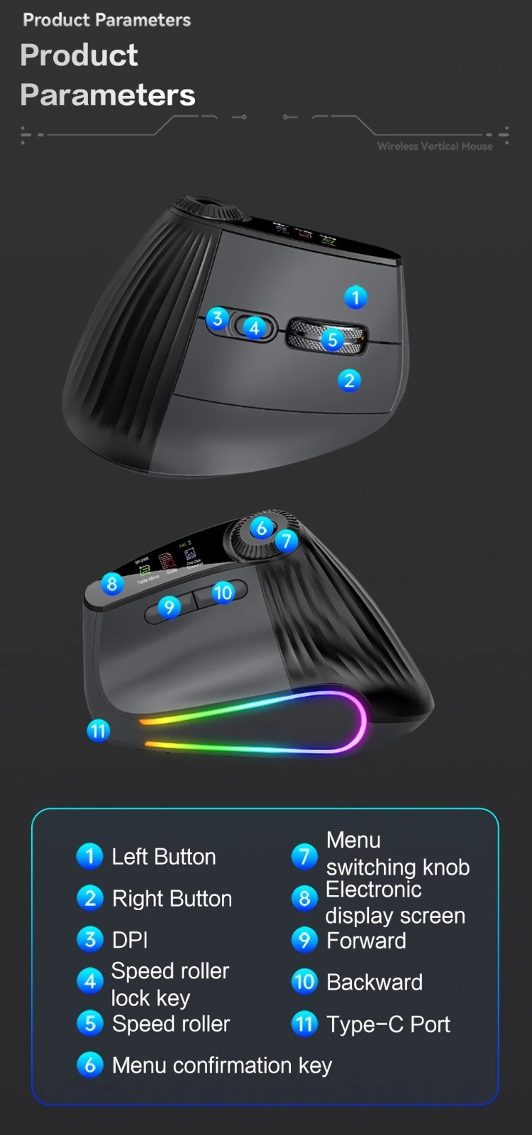 Backlit Wireless Ergonomic Mouse Bluetooth 2.4G Rechargeable w/ Smart Scroll