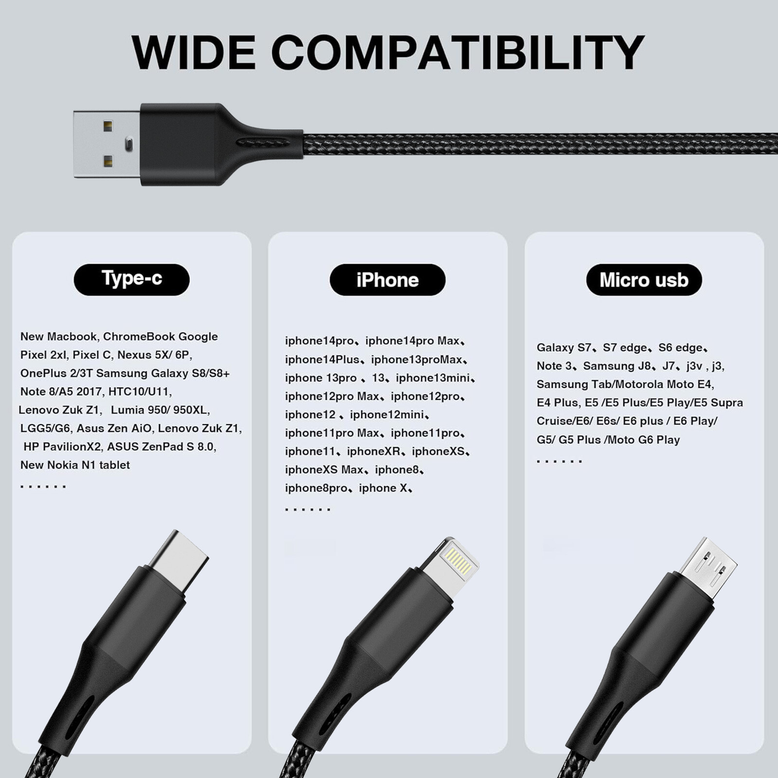 3A Fast USB Charging Cable Universal 3 in 1 Multi Function Cell Phone Charger