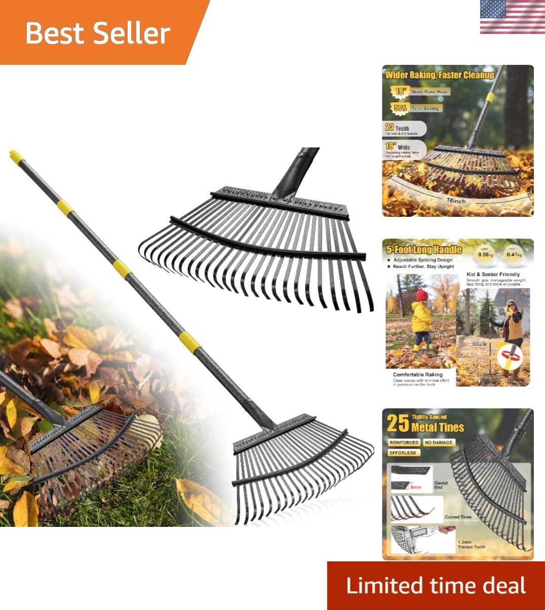 Garden Rake for Leaves: 18” Wide Metal Leaf Rake, 65” Long Adjustable Handle,...