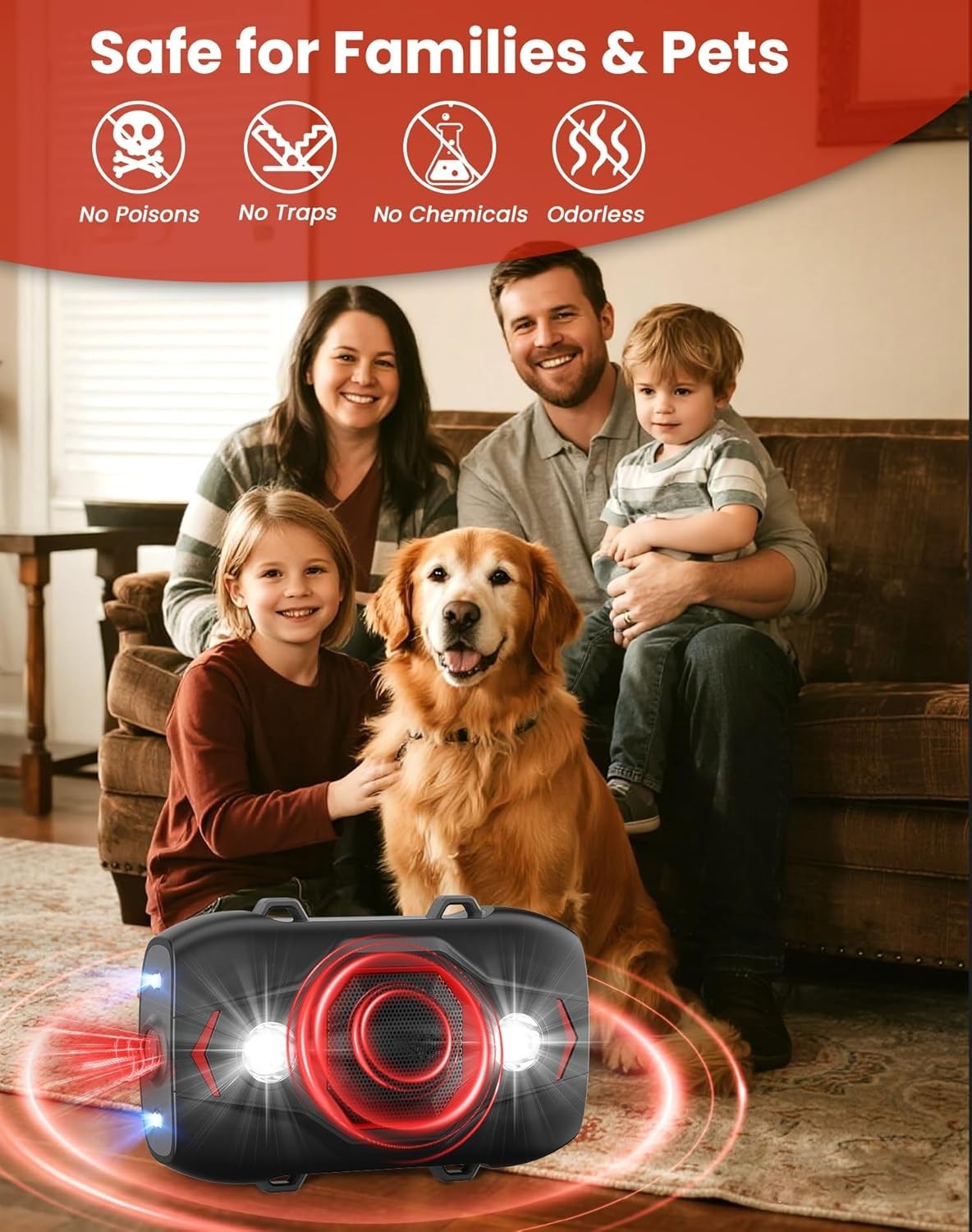 Multi-Use Ultrasonic Rodent Repellent with Dual-Sonic & Strobe Light Technology