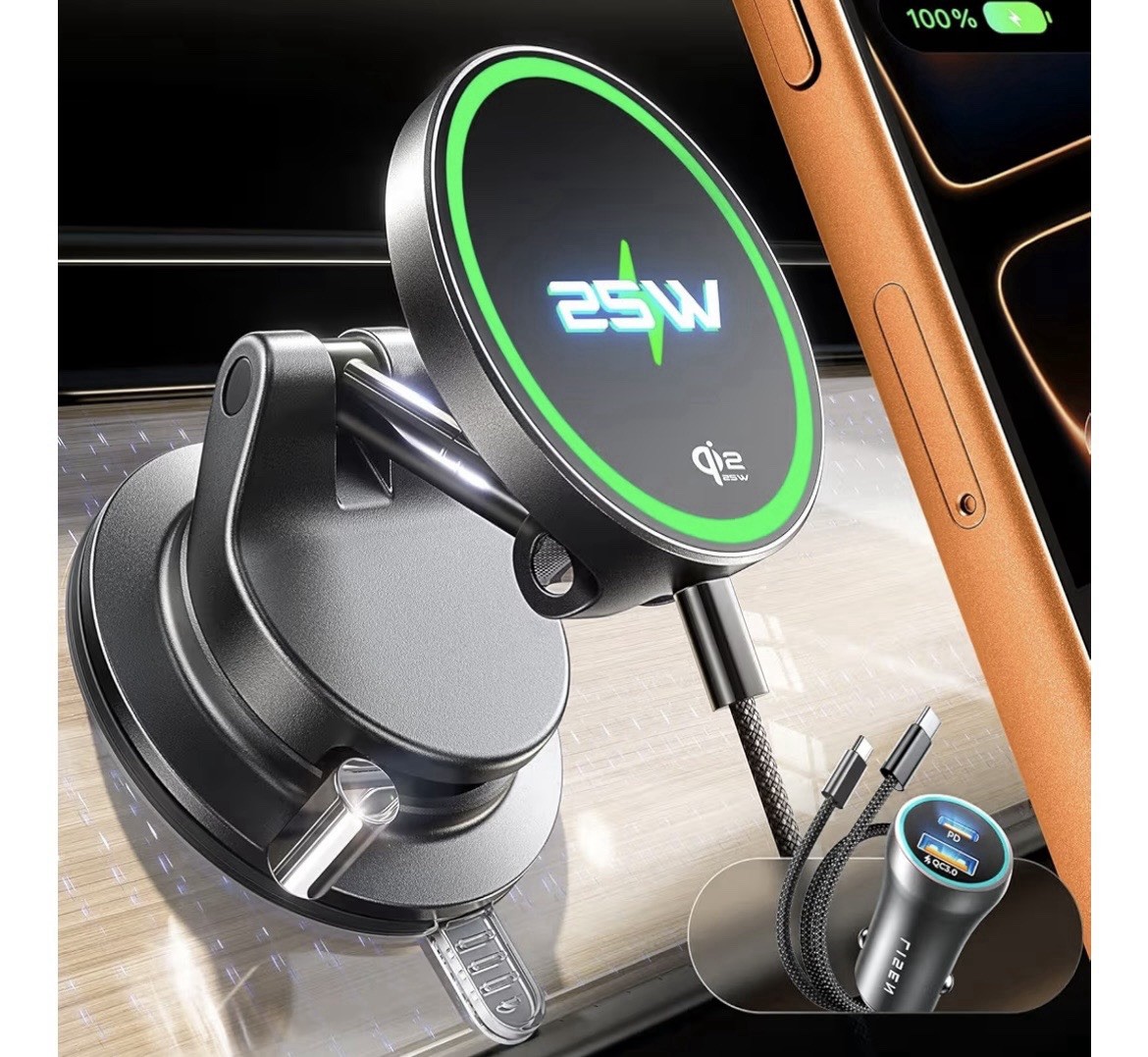 Lisen Qi2.2 Black Suction Cup Mount, Wireless Car Charger, Magnetic Phone Holder