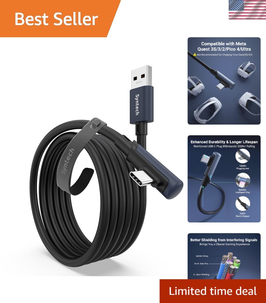 High-Performance 10FT USB-A to USB-C VR Link Cable for Oculus and Pico - Black