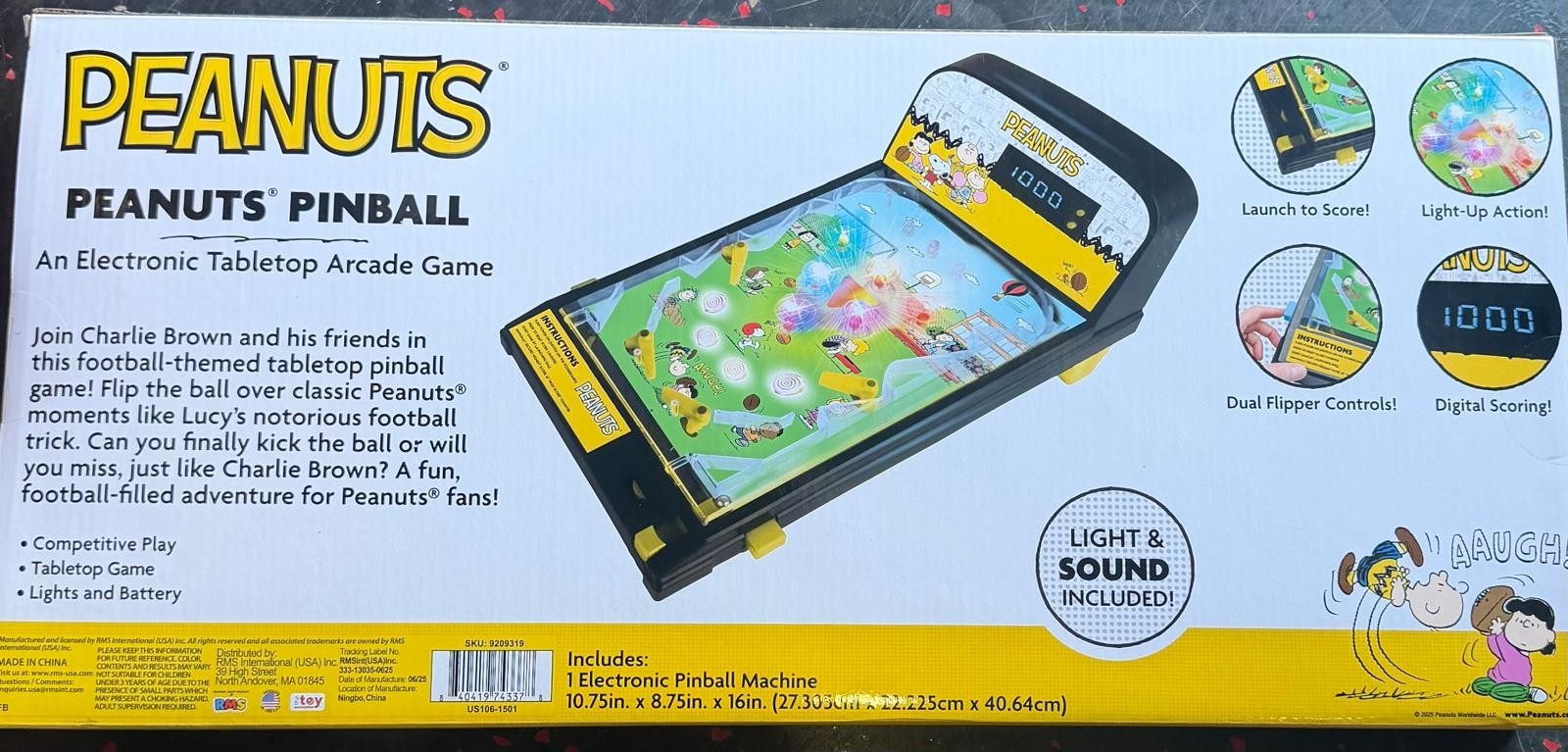 Peanuts SNOOPY Electronic Tabletop Arcade Game PINBALL Machine w/ Lights & Sound