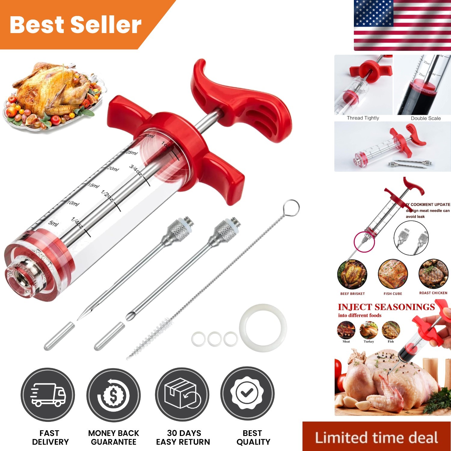 Professional Meat Injector Syringe - 1-Oz Marinade Tool with 2 Stainless Needles