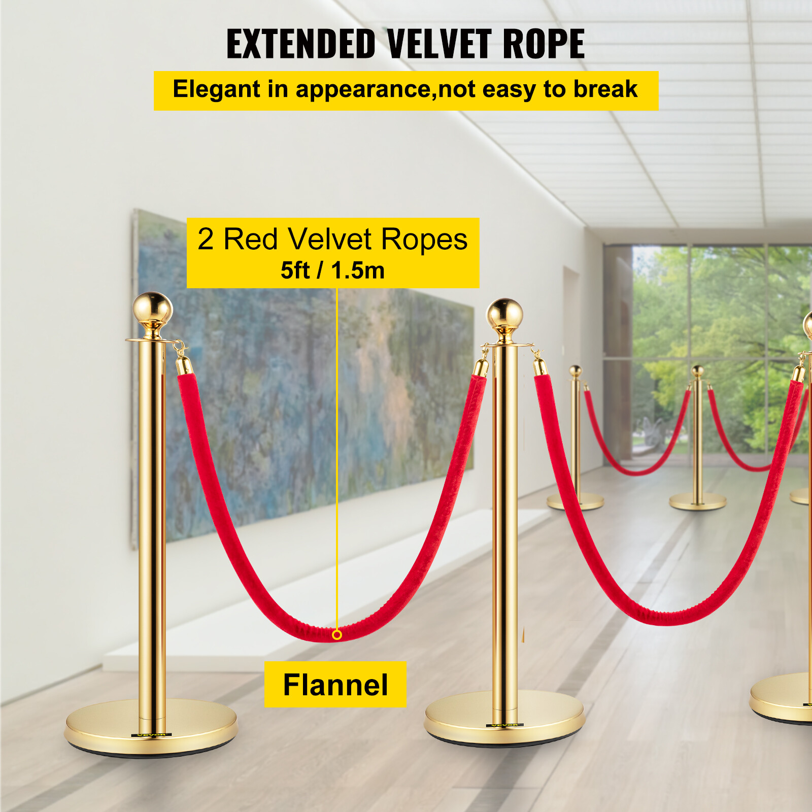 4PCs Crowd Control Stanchion Gold Posts Set w/ Red Velvet Rope Queue Barrier