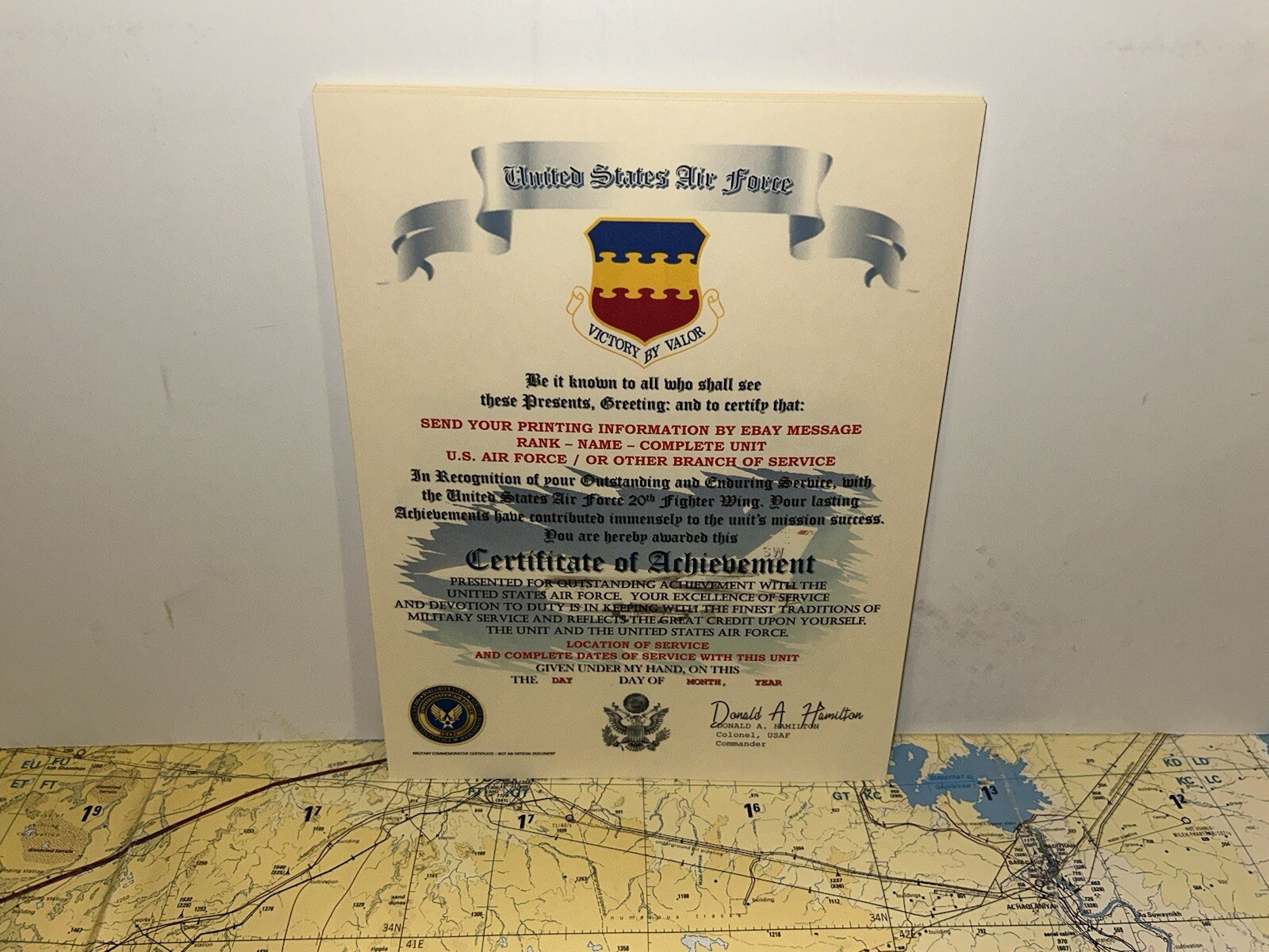 U.S.A.F. / AIR FORCE 20TH FIGHTER WING - CERTIFICATE OF ACHIEVEMENT