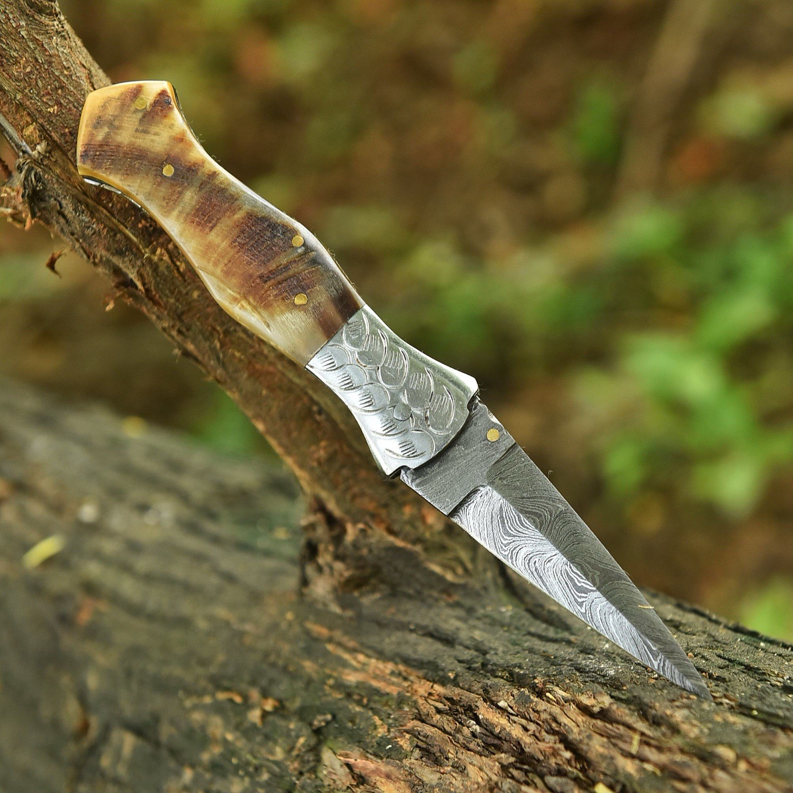 Damascus Folding Dagger Blade Pocket Knife Tactical-Double Edge