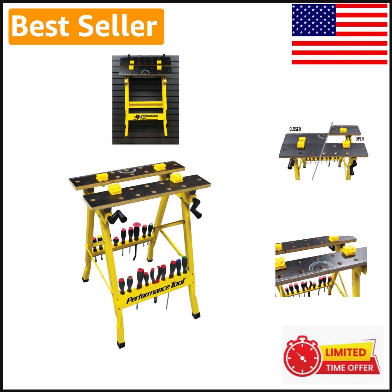 Sturdy Yellow Workbench & Vise – 200 lbs Capacity with Integrated Measuring Grid