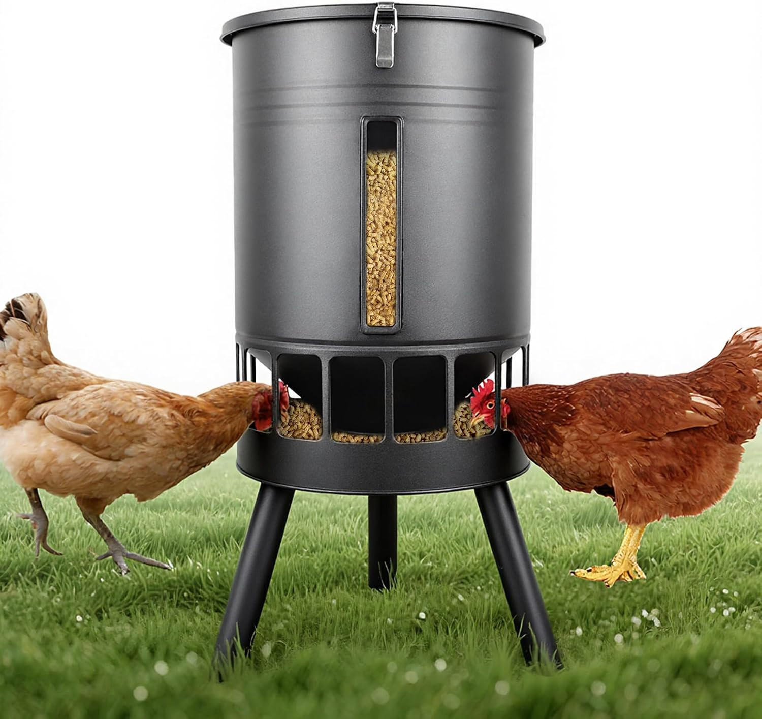 KOL 50LB Metal Chicken Feeder - No Waste, No Clog Design with 16 Ports & Smooth