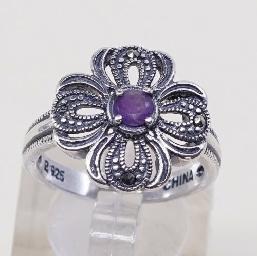 Sz 7.25, Vintage Sterling Ring, 925 Clover W/ Amethyst N Marcasite, Stamped 925