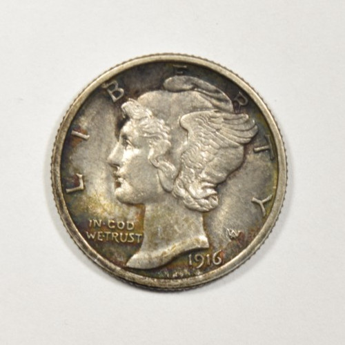 1916 MERCURY DIME ~ NICE BLUE GOLD TONE! ~ GEM BU UNCIRCULATED FULL SPLIT BANDS!
