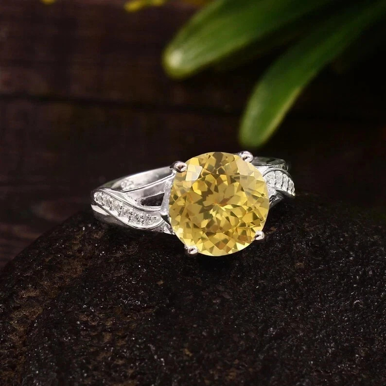 10 Ct Certified Natural Yellow Sapphire Ring With Zircon Accents In 925 Silver