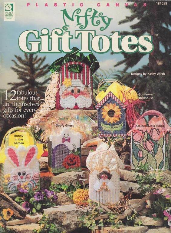 PLASTIC CANVAS NIFTY GIFT TOTES 12 TOO CUTE DESIGNS MUST SEE!!