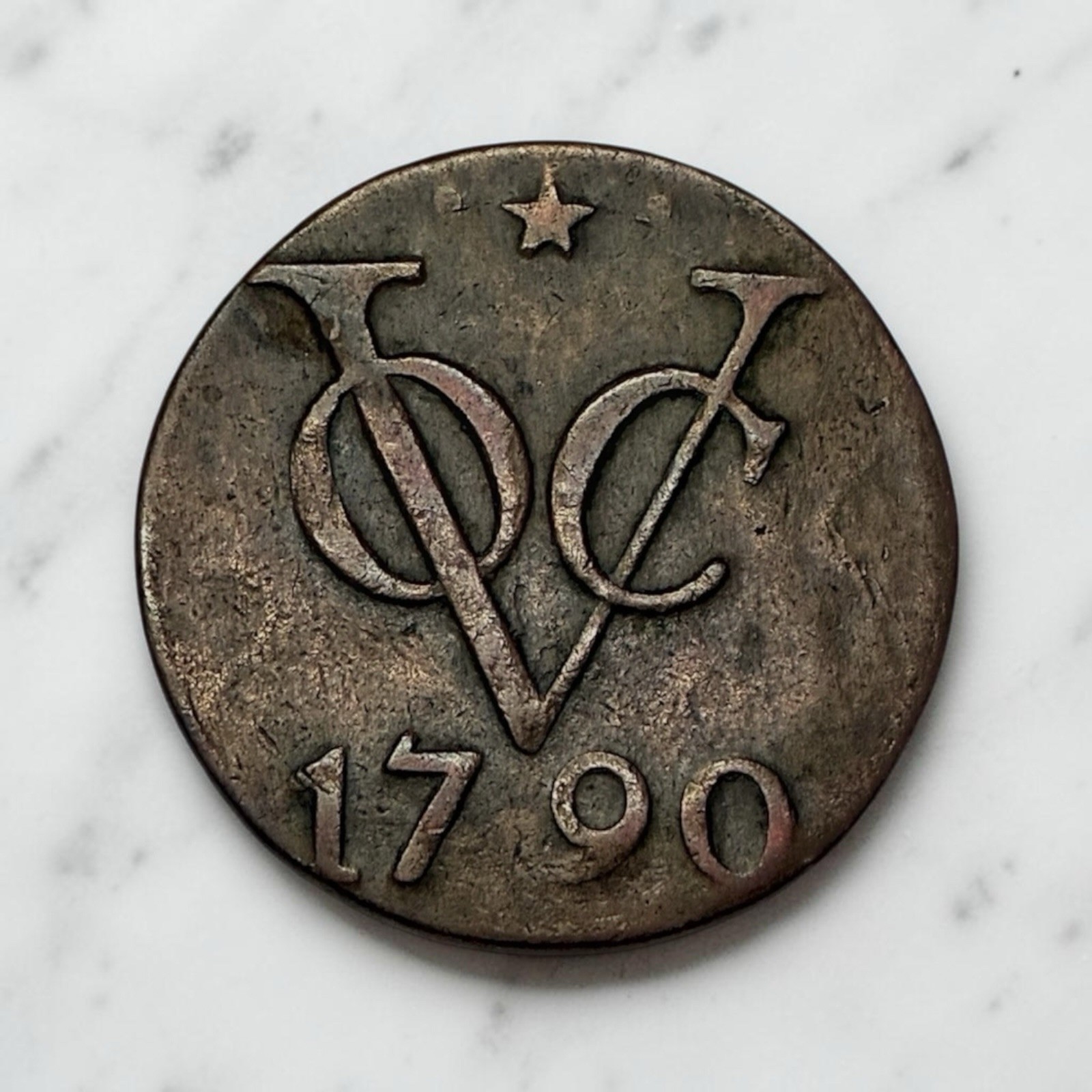 1790 🇳🇱 VOC Netherlands East Indies Utrecht Duit KM#111.3 Star Between Dots