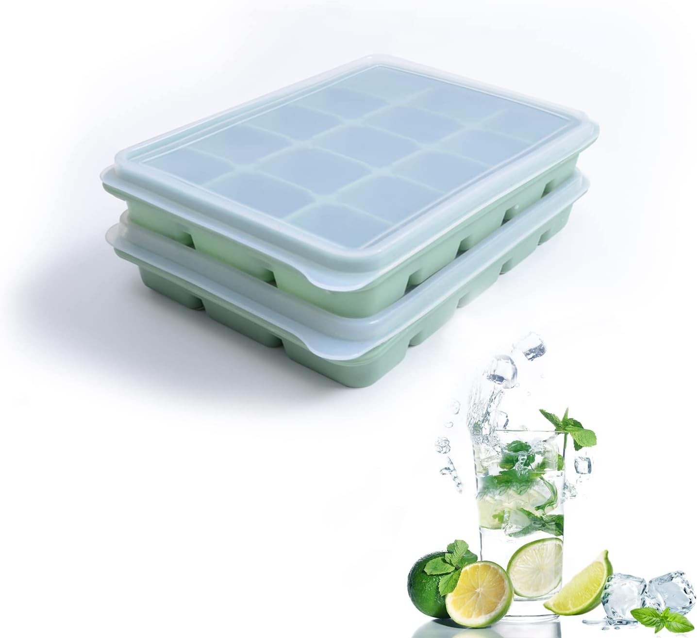 Ice Cube Trays Set of 2, 15-Cube Silicone Molds with Removable Lids | Stackable,
