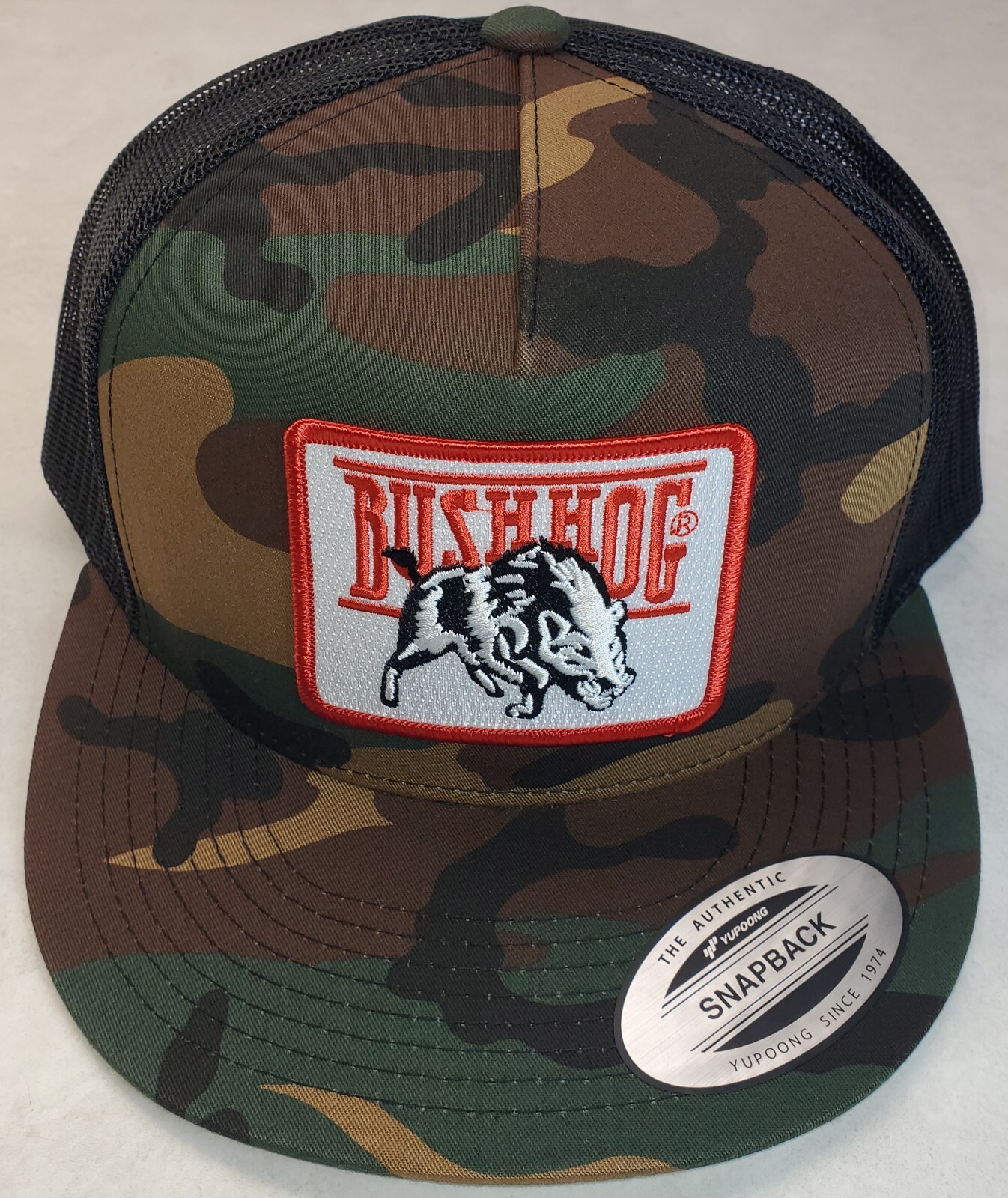 BUSH HOG Patch on Yupoong Trucker Hat/ YP Classic 6006 Snapback Camo/Black