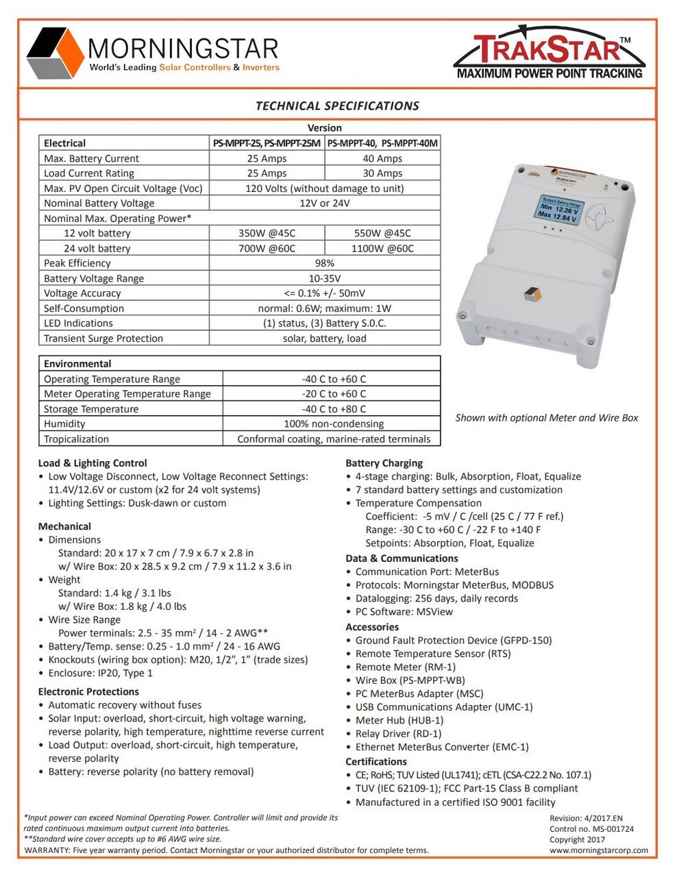 Morningstar PS-MPPT-40M ProStar Charge Controller 40A