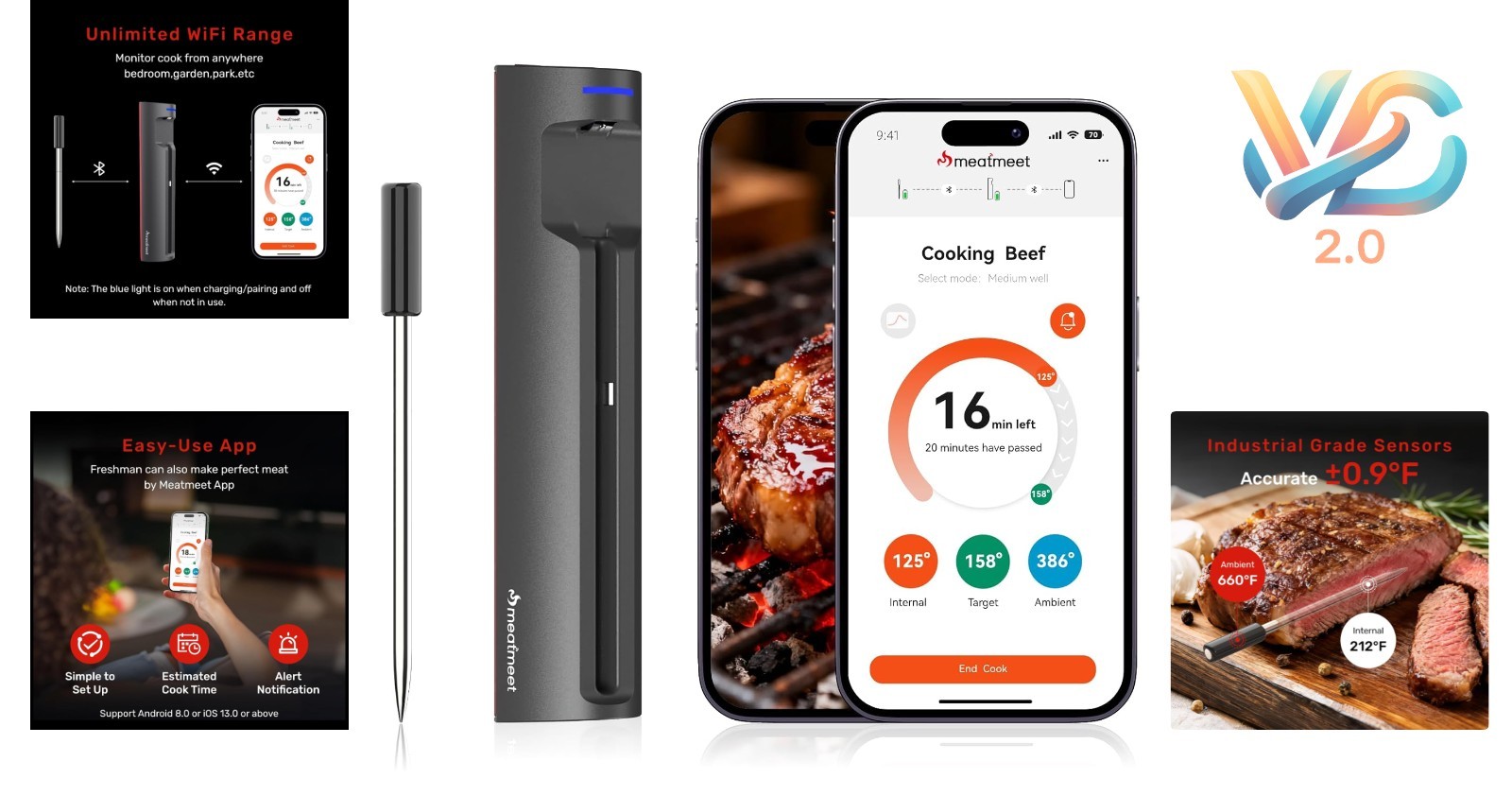 Wireless Meat Thermometer AI WiFi Bluetooth Digital Waterproof Pro