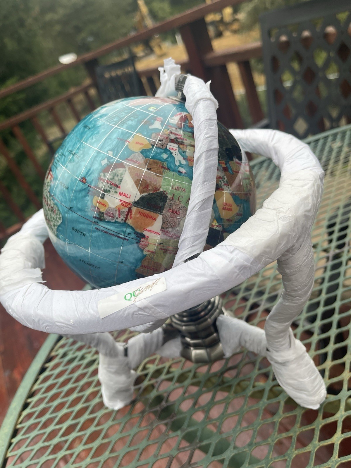 Vintage Gemstone Globe Desk Set, Brass,  Semi-precious Gemstones, Compass