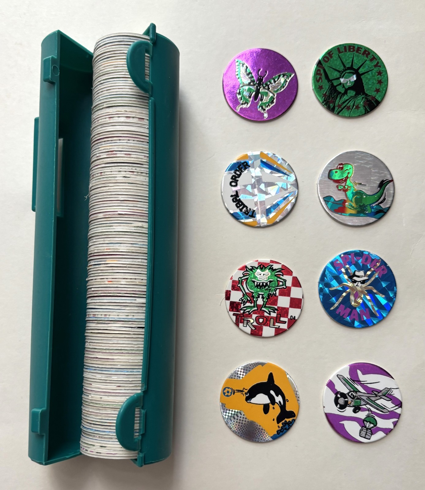 145 POGS MILK CAPS COFFIN CONTAINER  FOIL CARS  ANIMALS  Random Lot  VINTAGE 90s