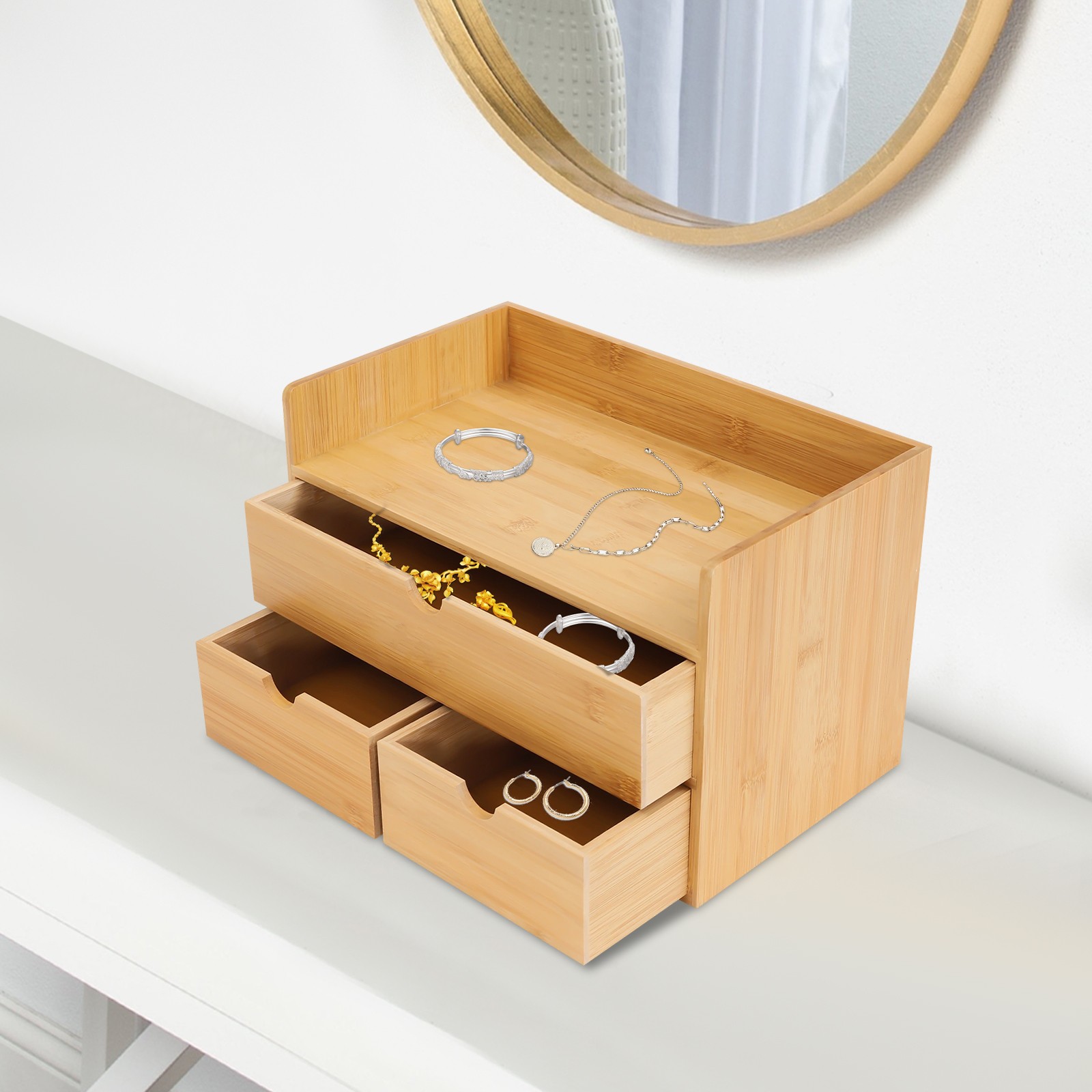 Bamboo Desk Organizer with 3 Drawers Tabletop Cosmetic Storage Simple Design NEW