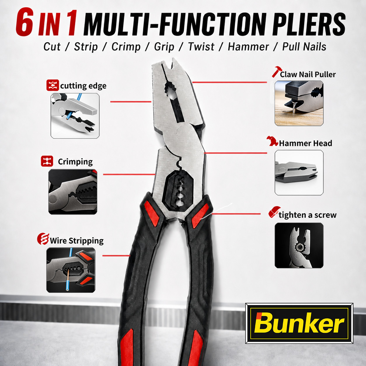 Bunker 6 in 1 Electrician Multi Tool Wire Stripper Crimper V-Shape Nail Puller