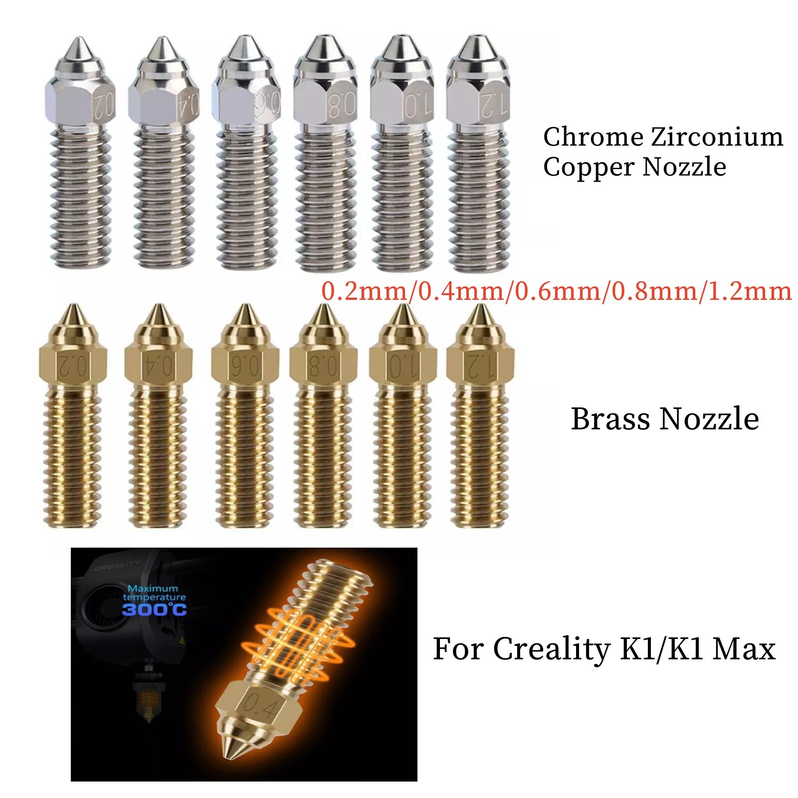 For Creality K1/K1 Max Nozzle 3D Printer Brass Nozzles 0.2-1.2mm 1.75mm Filament