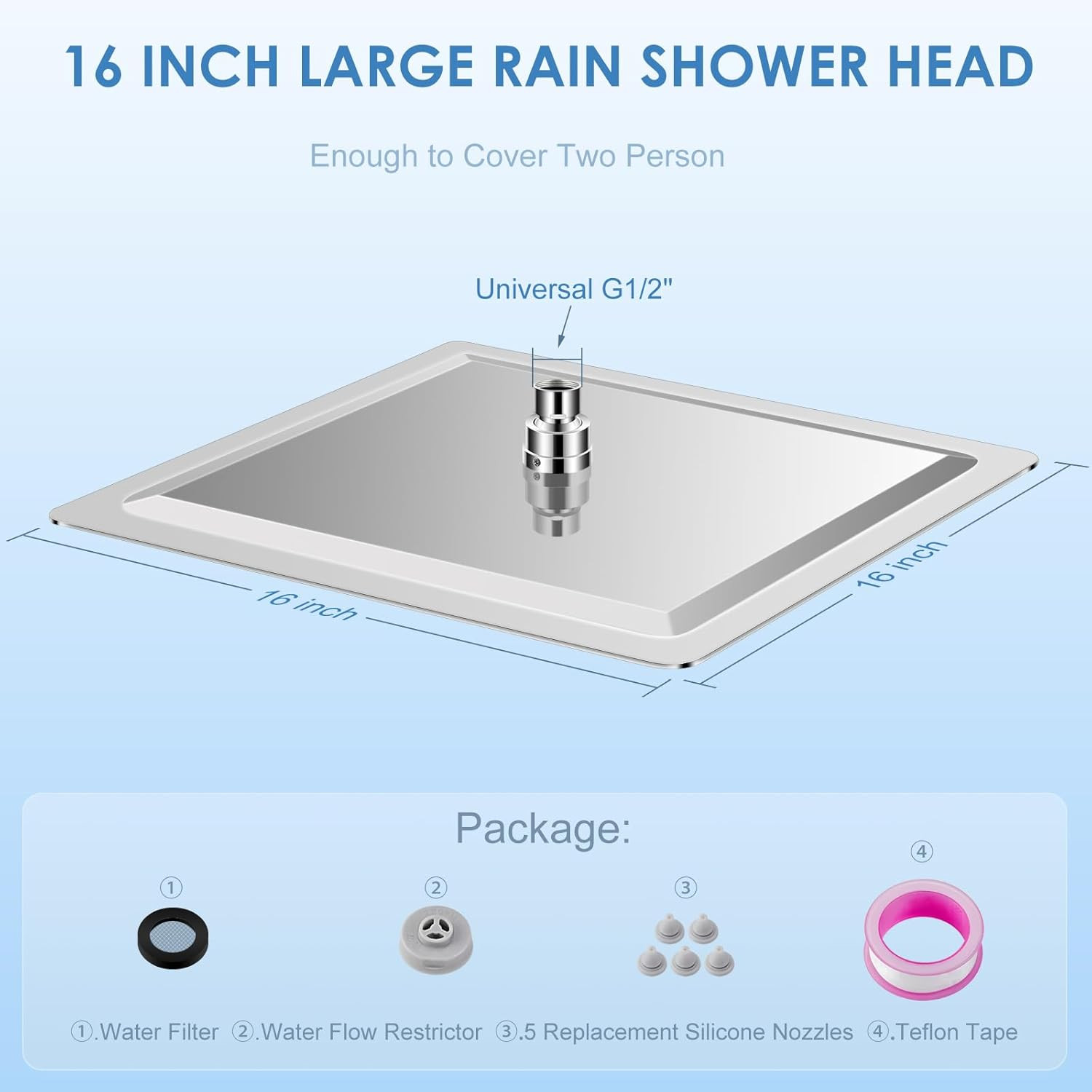 16" Chrome Rain Shower Head - All Metal 304 Stainless Steel, 324 Nozzles