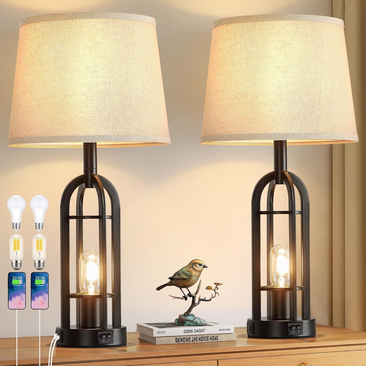 Black Table Lamps Living Room Set of 2 Farmhouse Lamps Night Stands W/ USB A C