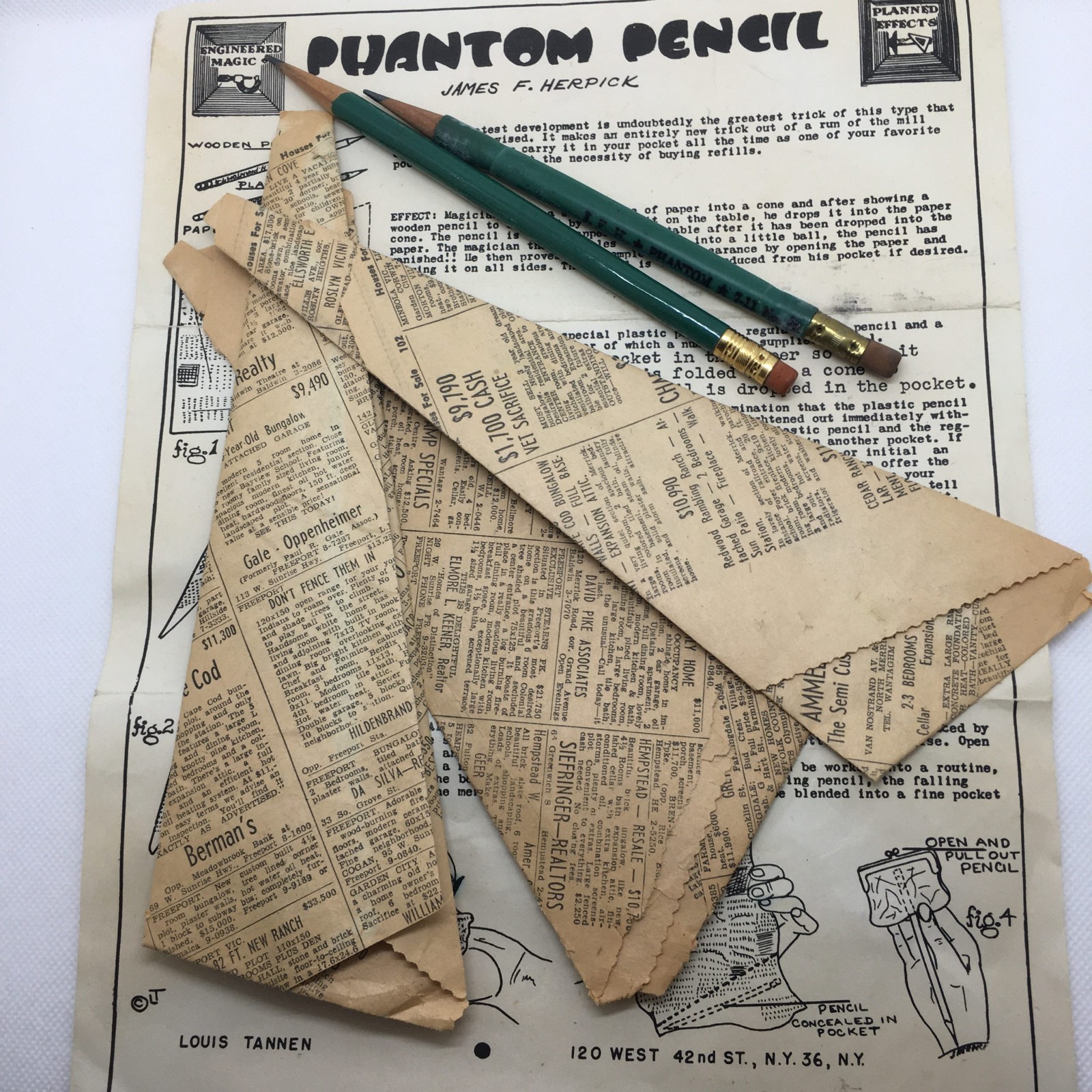 James H Herpick Phantom Pencil 70s instruction 2 initialed pencils, 3 paper cone