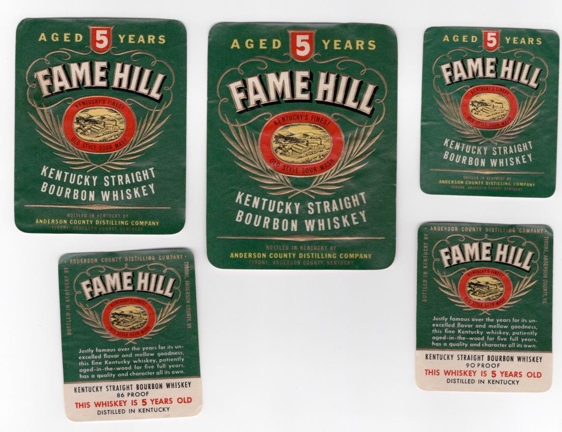 Fame Hill Anderson County Distilling Tyrone  Kentucty 5 whiskey label 40's W32