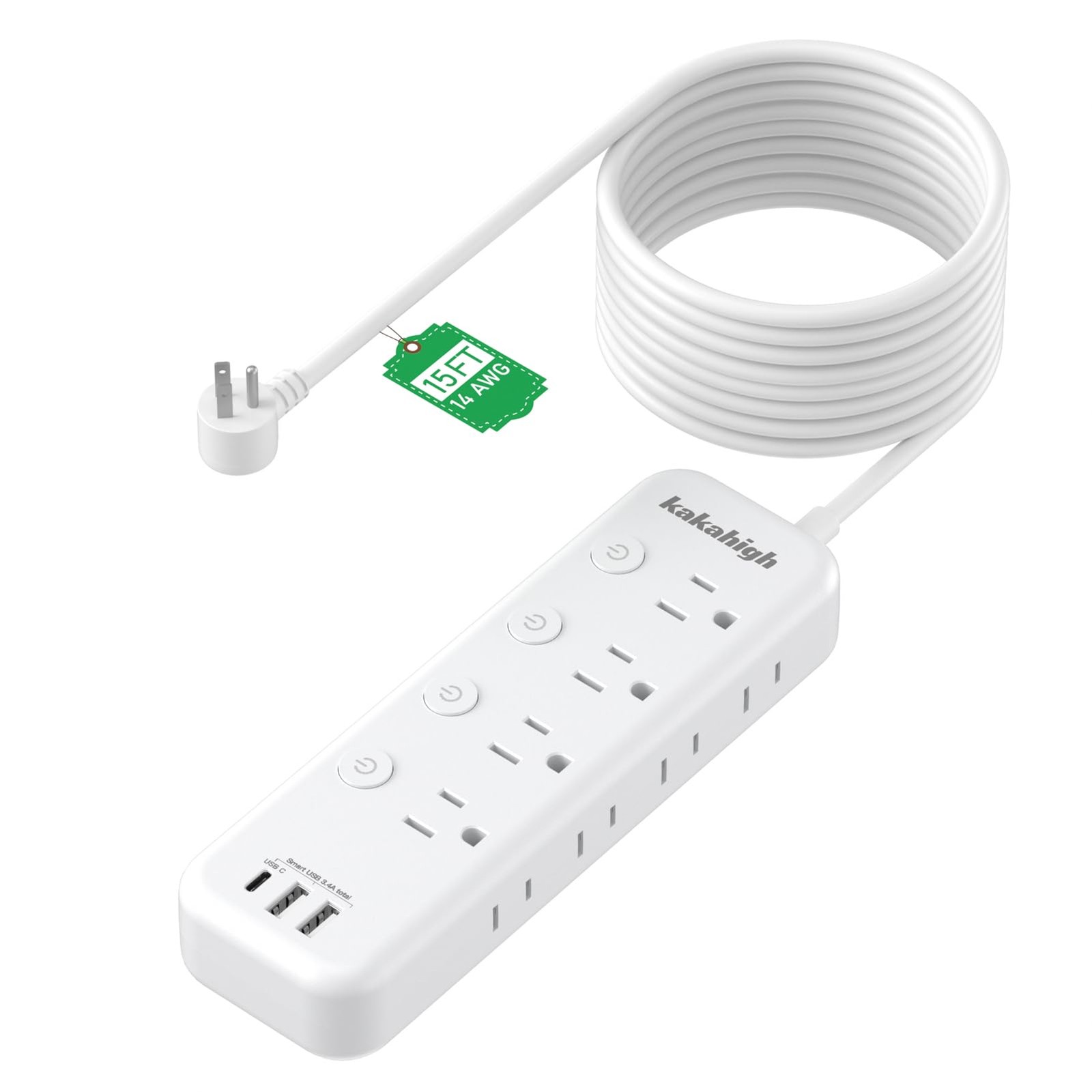 Heavy Duty Extension Cord 15 Ft Individual Switches 8 Outlets USB Ports 1875W