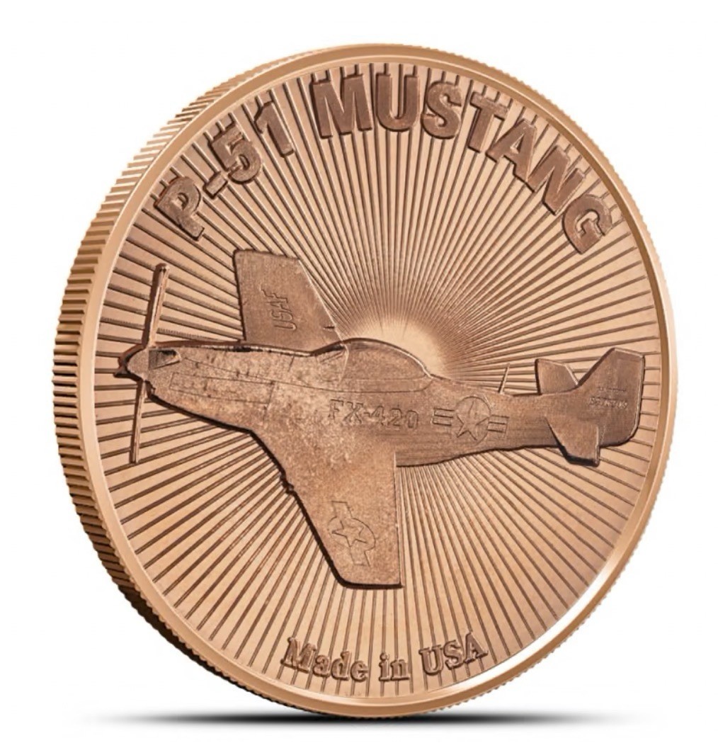 1 Oz. Copper Round P 51 Mustang Military Air Force