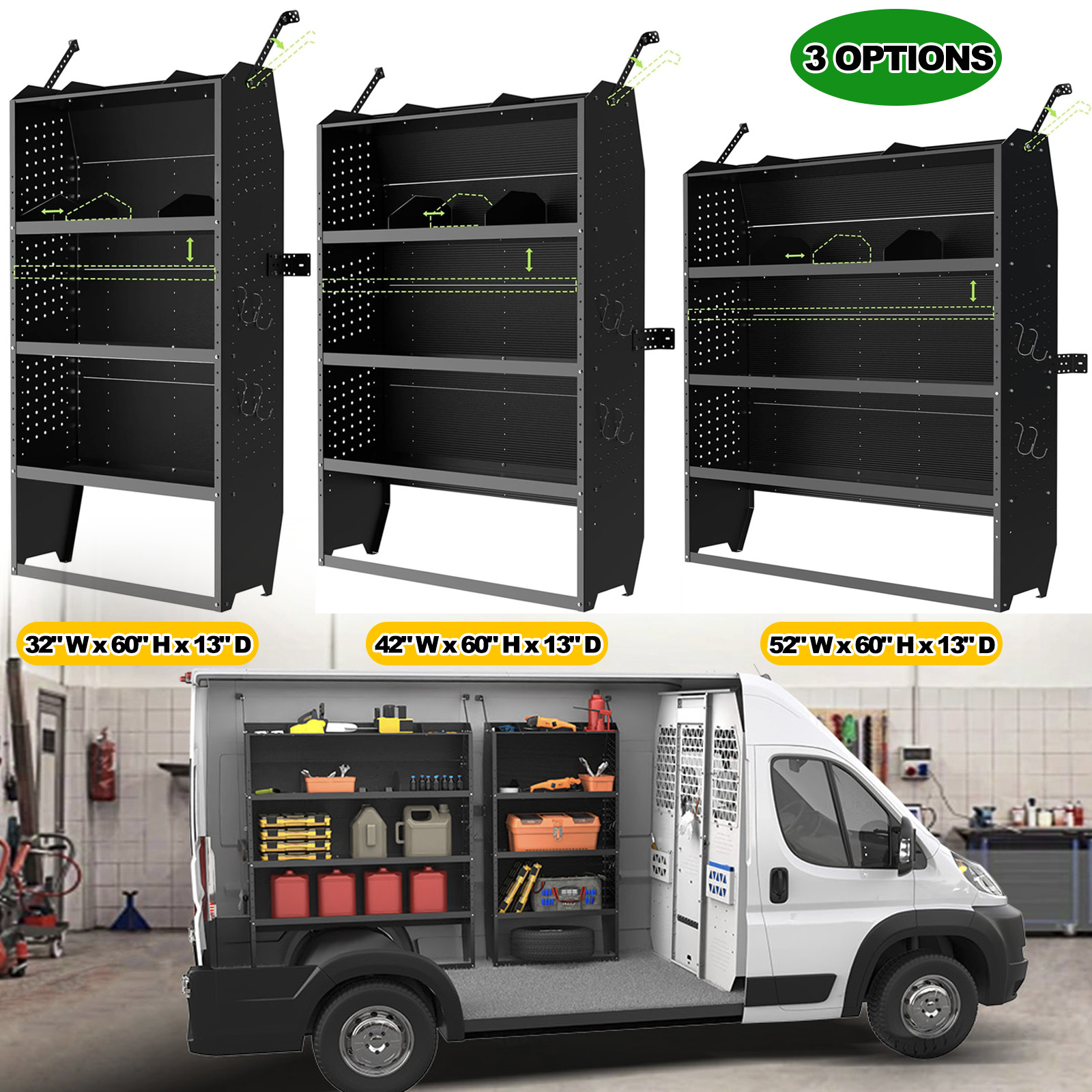 32"W/42"W/52"W x 60"H x 13"D Van Shelving Storage for Mid/High Roof Ford Transit