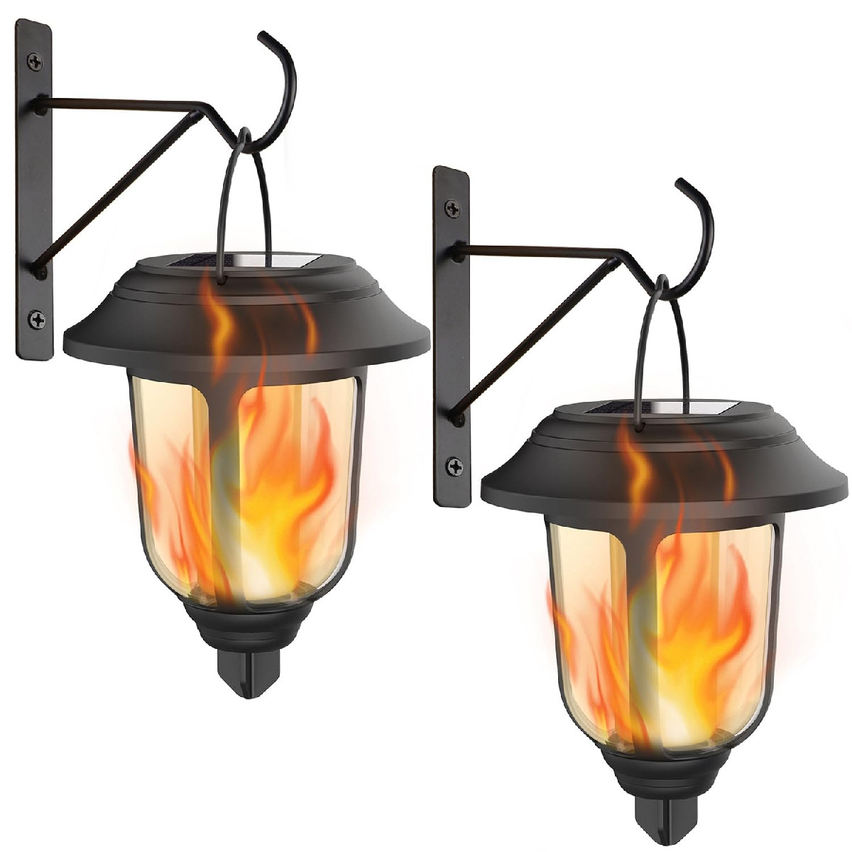 Dynaming 2 Pack Solar Flame Lanterns Outdoor Hanging Solar Powered Wall Mounted