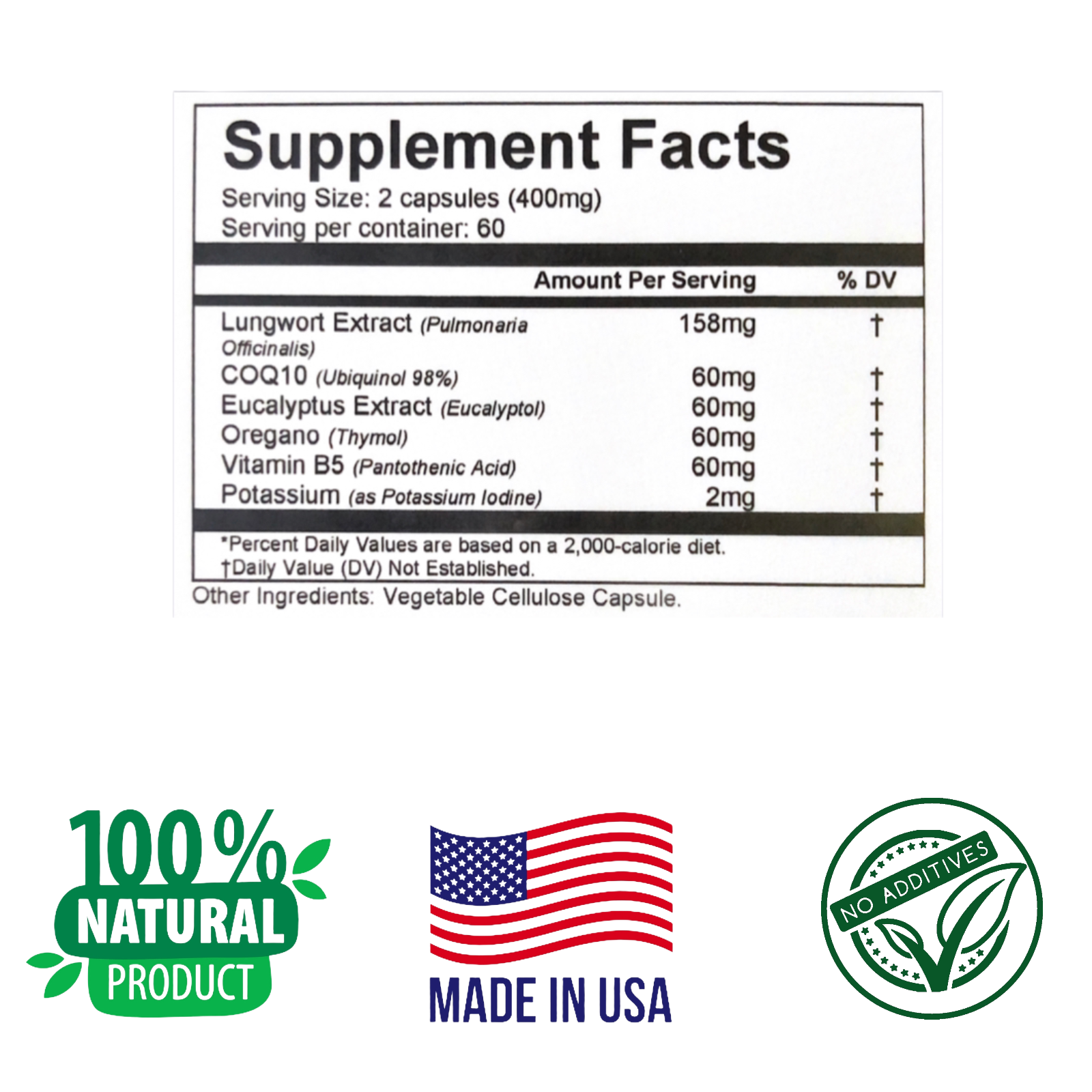 LUNGWORT, EUCALYPTUS, CoQ10 formula, 120 Capsules, Biomedical Natural Formula.