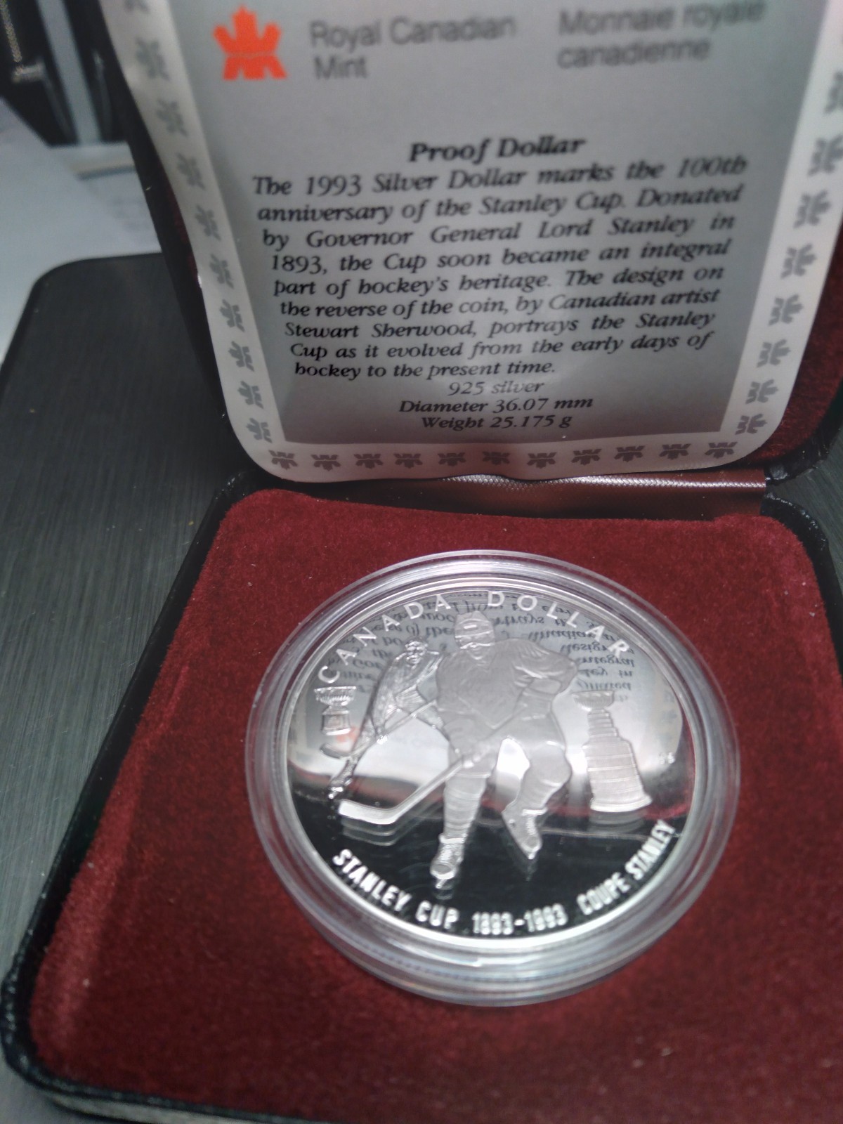 1993 Canada .925 Silver Proof Dollar -- NHL Stanley Cup 100th Anniversary OGP