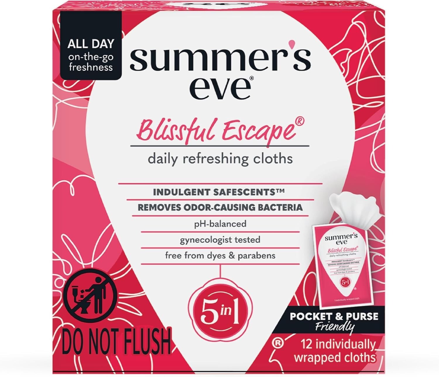 Blissful Escape Daily Refreshing Feminine Wipes, Removes Odor, pH Balanced, 12 C