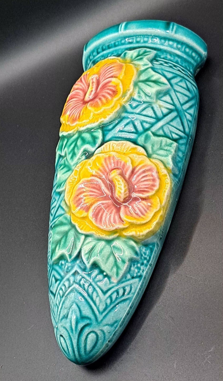 Vintage Floral Majolica Wall Pocket ~Japan