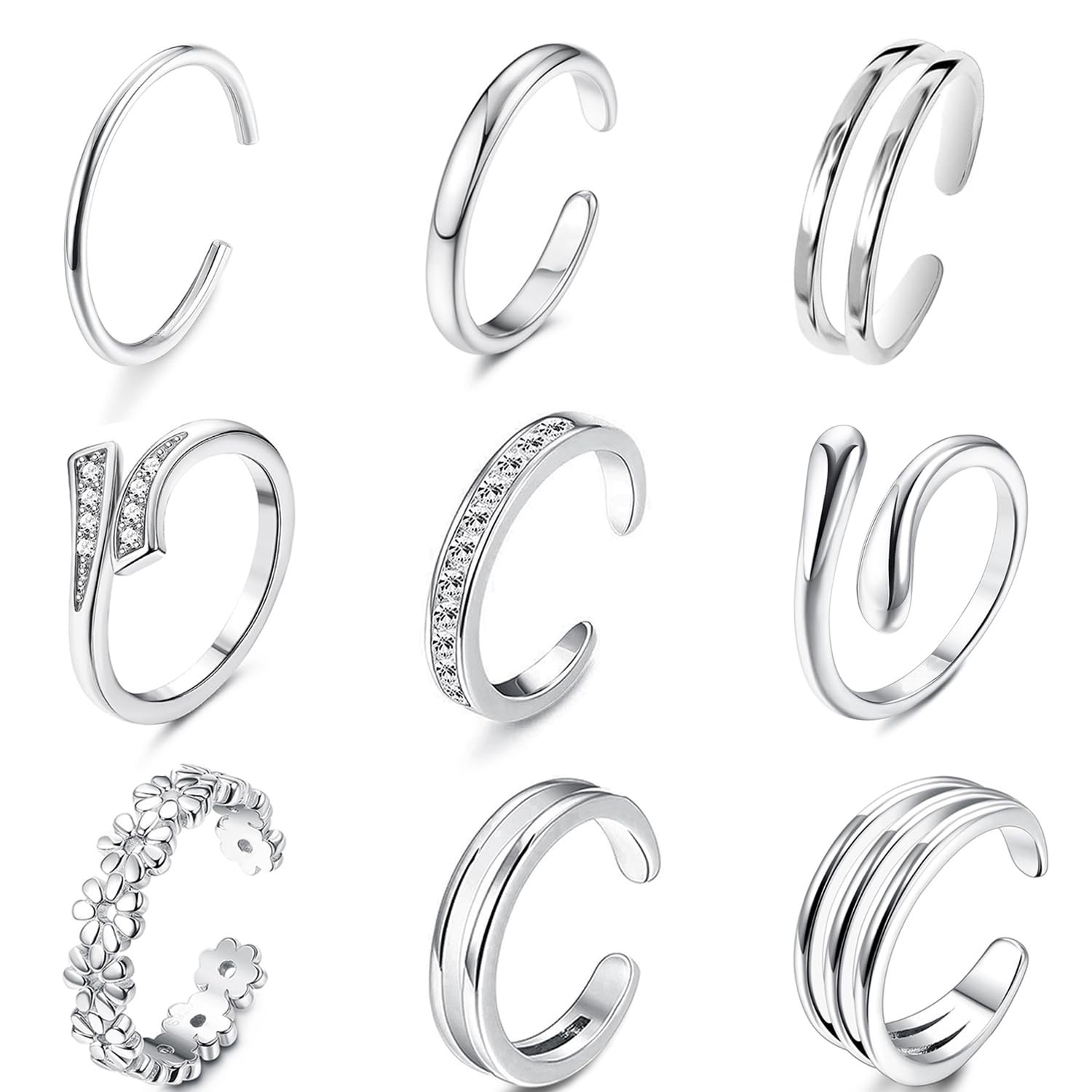 ShinyStyle J4You 9Pcs Silver Toe Rings for Women Non Adjustable, silver